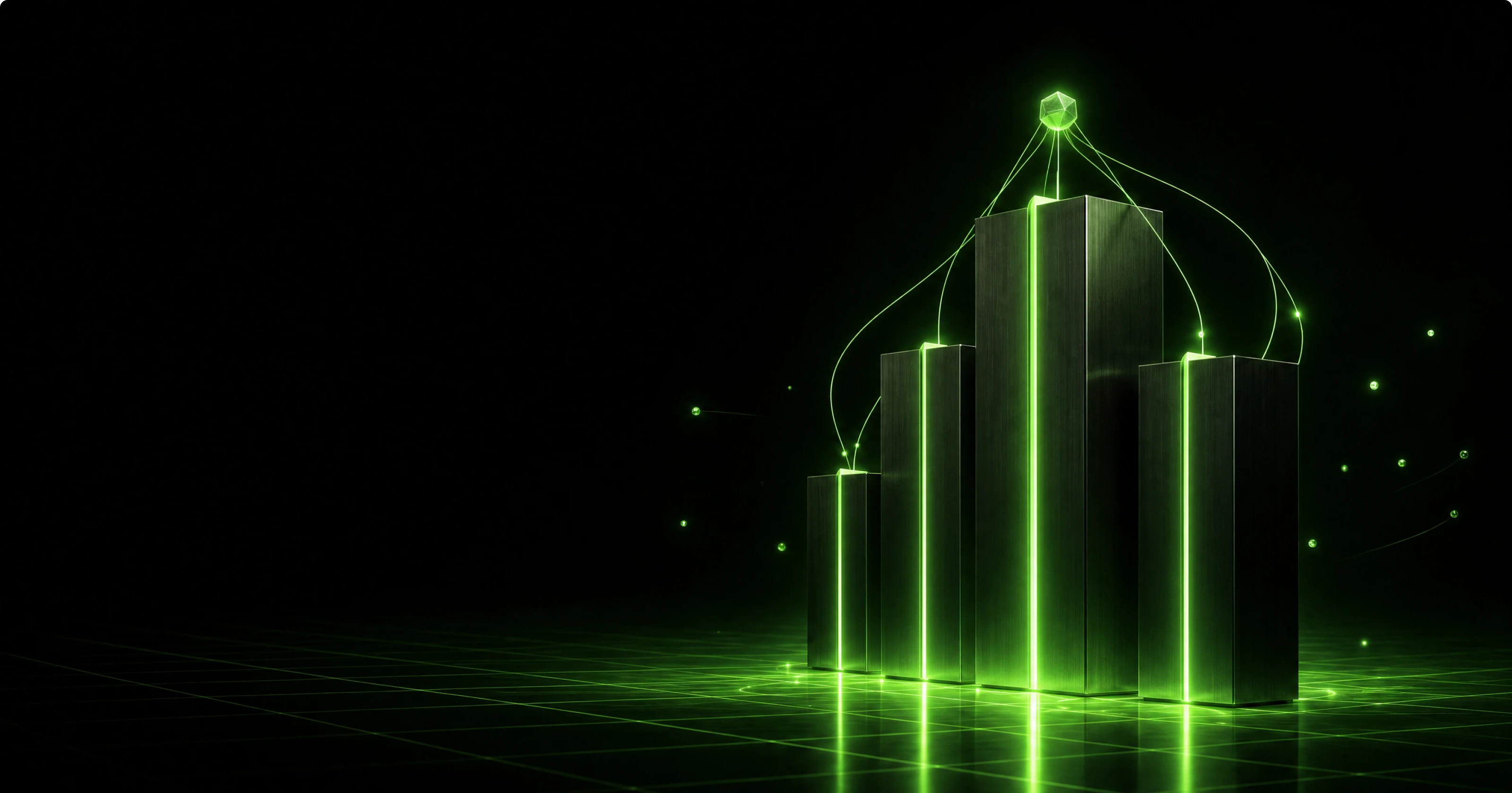 A row of four brushed dark-metal server monoliths of varying heights standing on a reactive grid floor like a small skyline, a bright lime seam up the front of each and the tallest center one blazing hottest, thin green cables arcing up into a small green icosahedron hovering above as the grid glows in a pool around their bases.