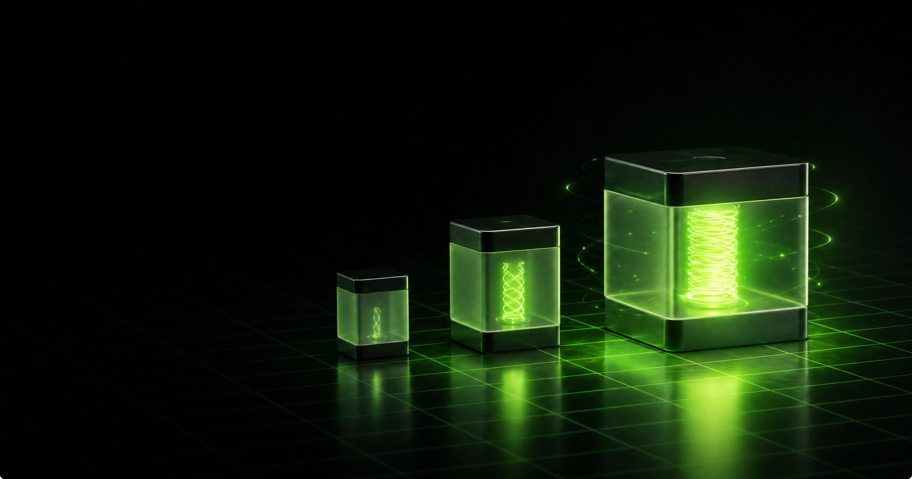 Three frosted-glass cubes of increasing size in a line on a reactive grid floor, each holding a suspended green filament that escalates from a faint ember to steady signal-green to a blazing electric-lime coil whose light spills onto the grid beneath the largest.