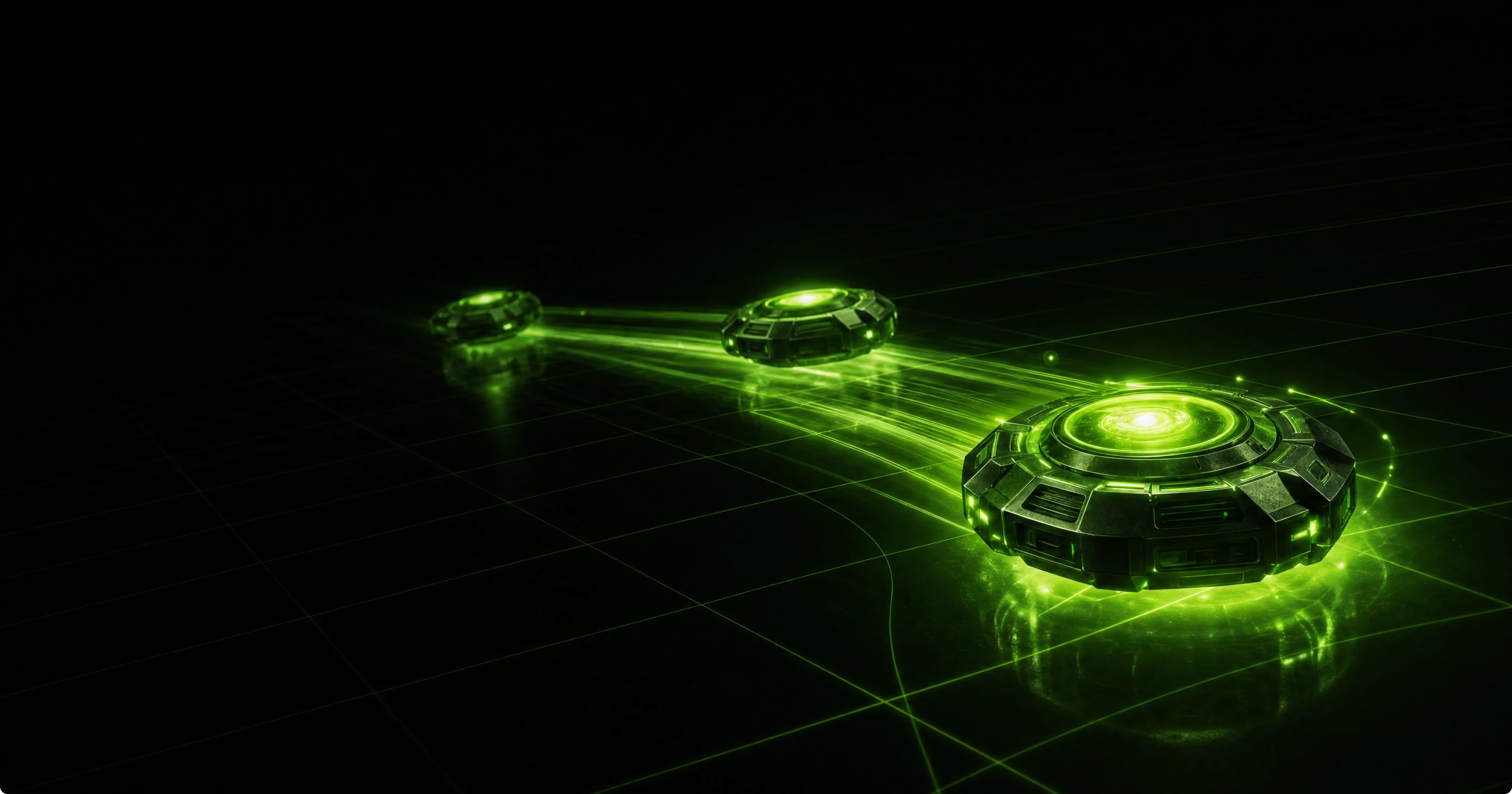 Three sleek angular machined-metal pucks mid-race across a reactive grid floor, each carving a crisp green light-trail that ignites the grid lines as it passes, one puck clearly ahead with the brightest lime-hot trail and the others falling into deep green behind.