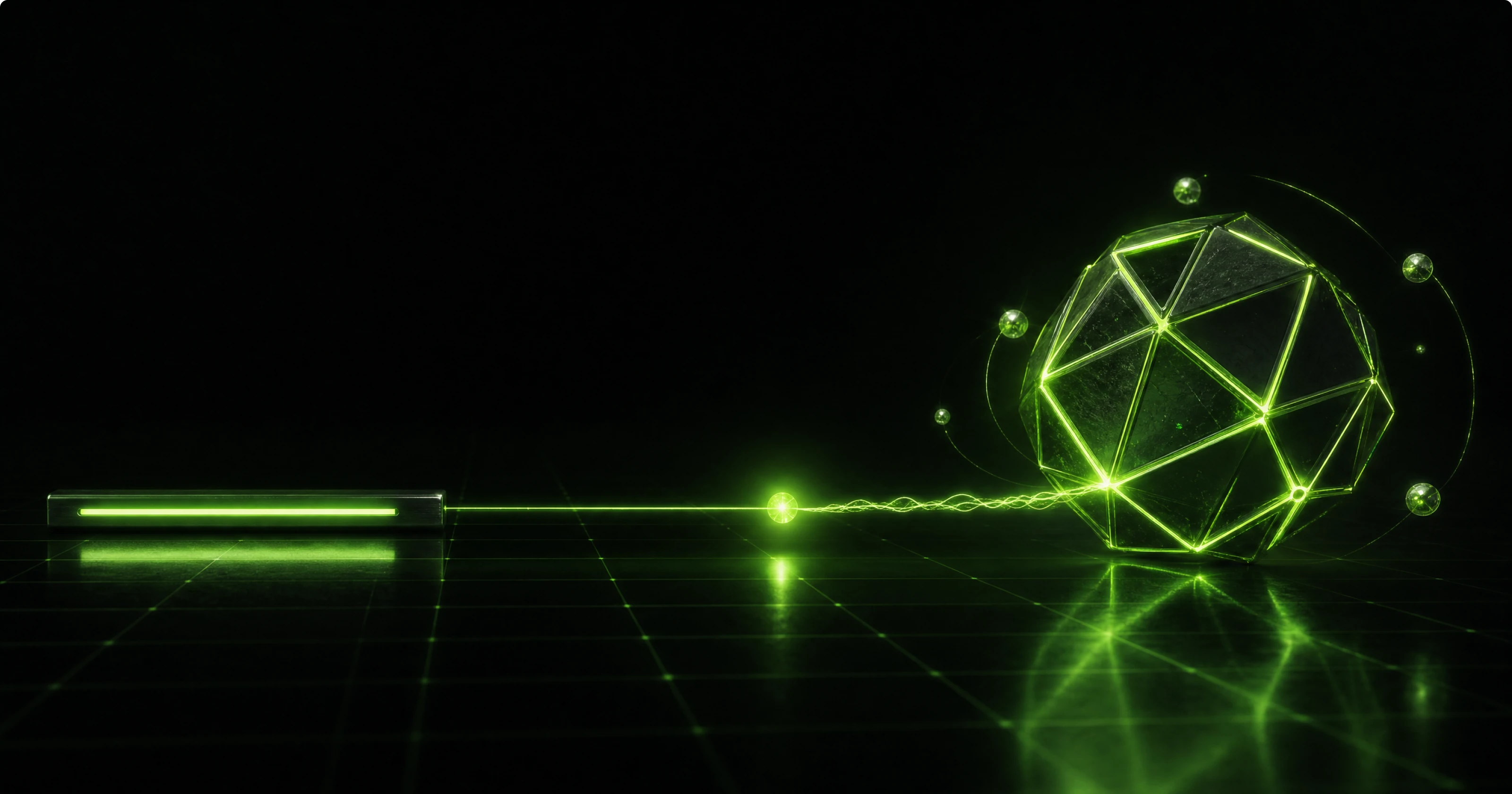 A faceted green polyhedron on the right facing a single clean lime command-line bar on the left across a gap on a reactive grid floor, a taut thread of green light strung between them feeding a small shared node that glows hottest where their currents meet.