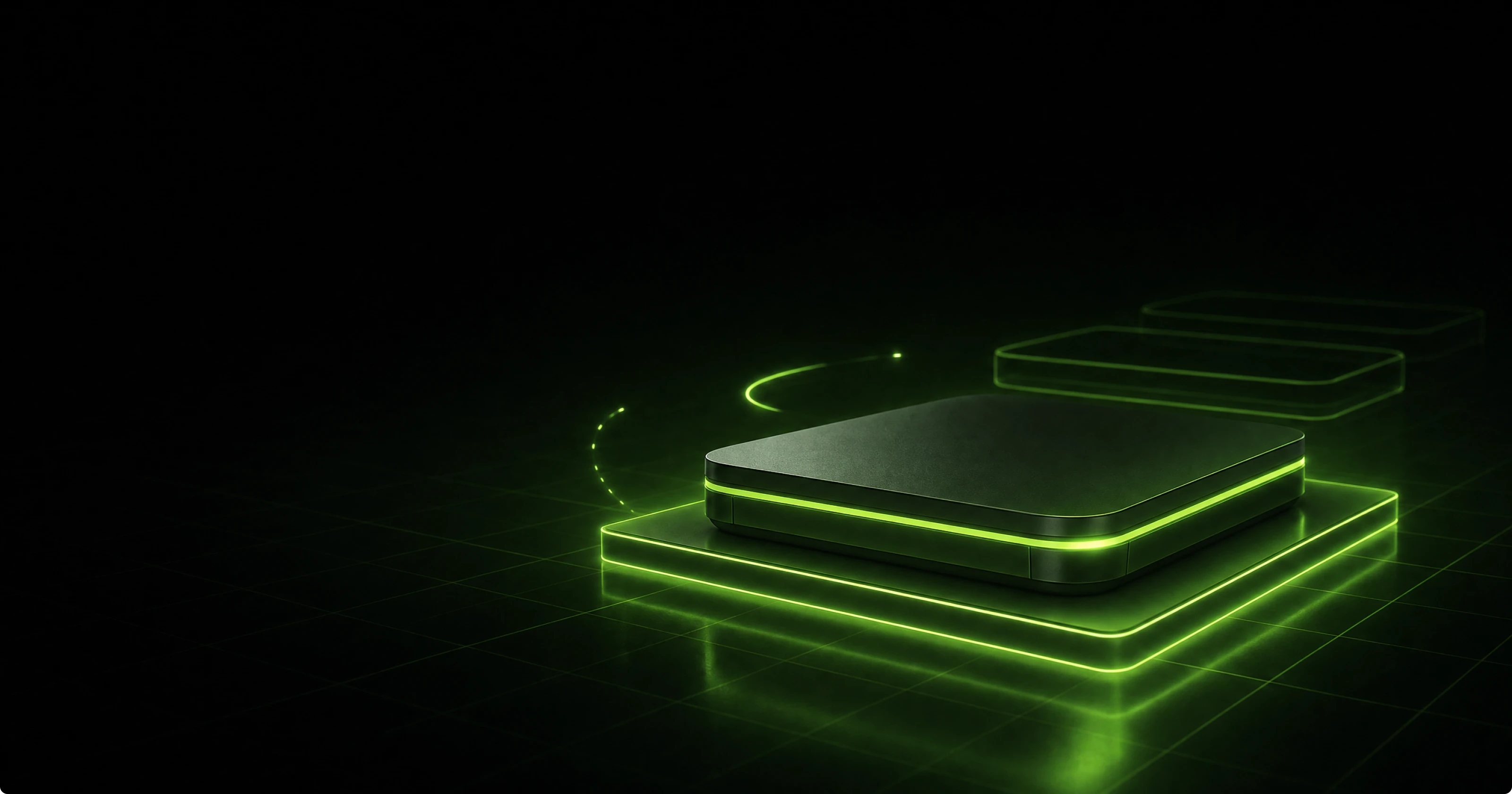 A single matte charcoal product slab glowing green along one seam, resting on a powered grid pad on a glossy black floor, with two faint ghosted copies of the same slab receding behind it like later versions waiting to ship.