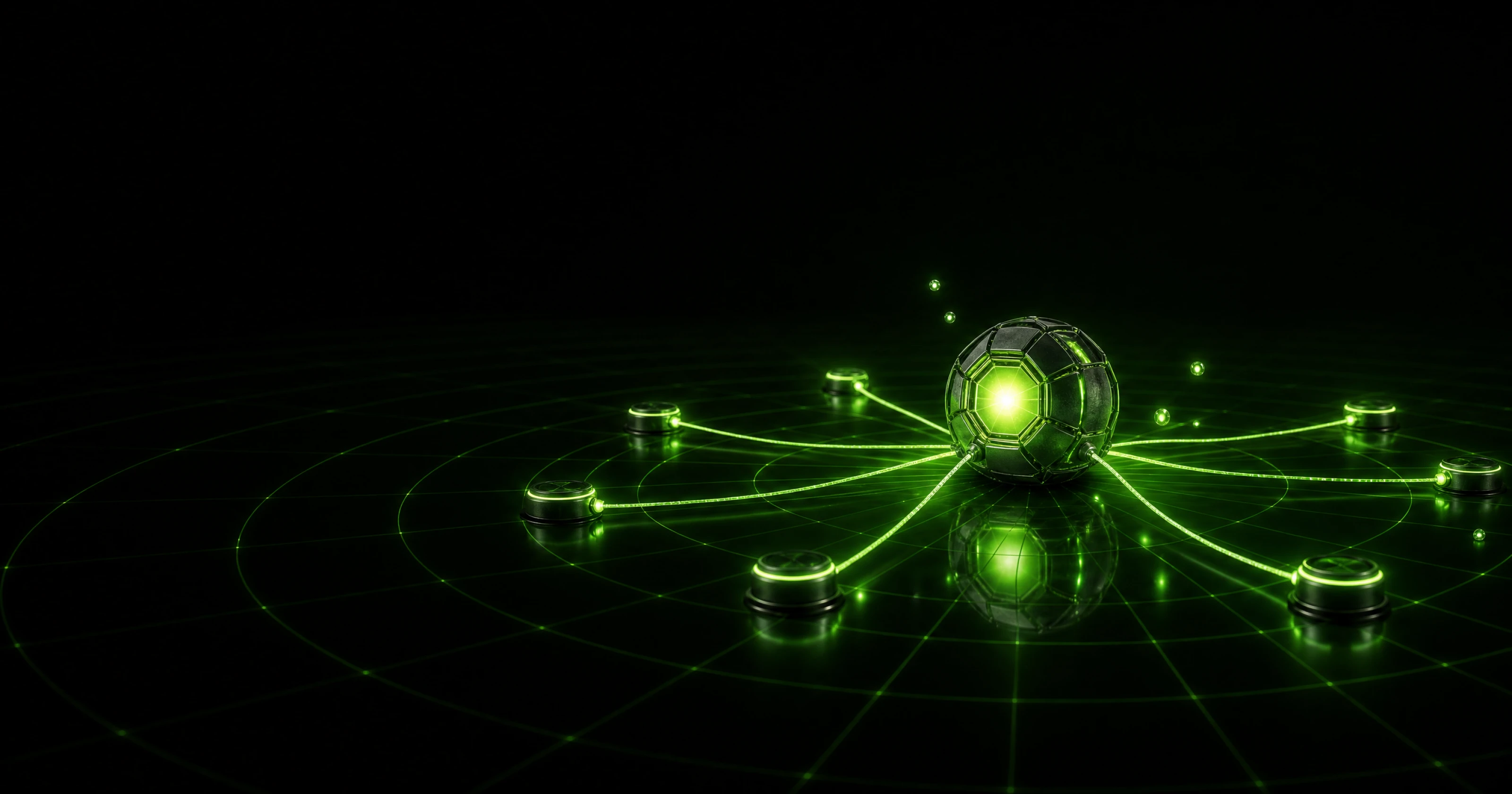 A faceted dark-metal hub sphere with a blazing green core on a reactive grid floor, thin green cables radiating out to small docking ports that light up green as each cable reaches them, concentric green rings spreading outward like a live signal.
