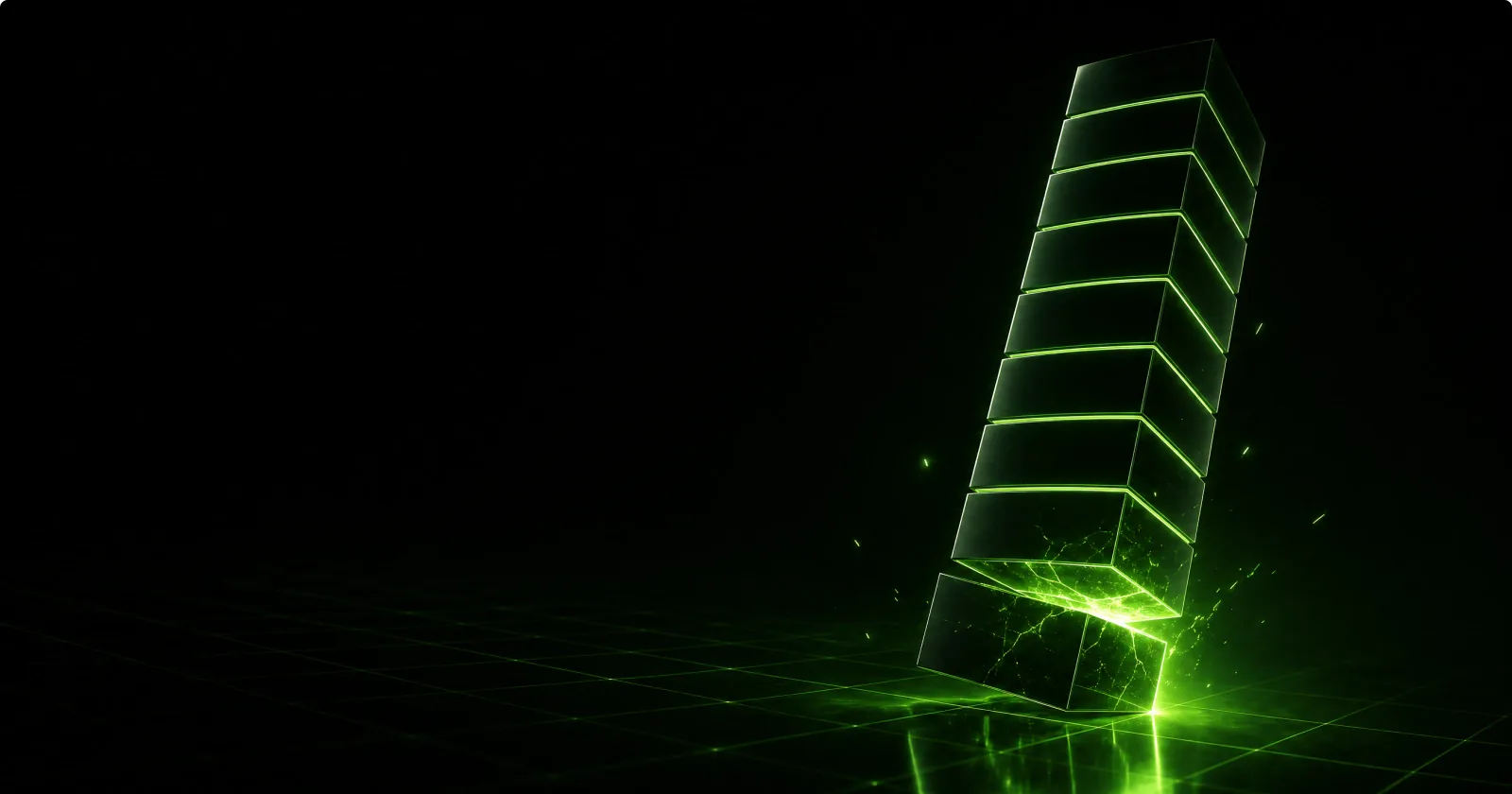 A tall tower of stacked dark-glass blocks glowing green along its seams on a reactive grid floor, with one cracked block near the base leaking bright green light, the whole tower leaning.